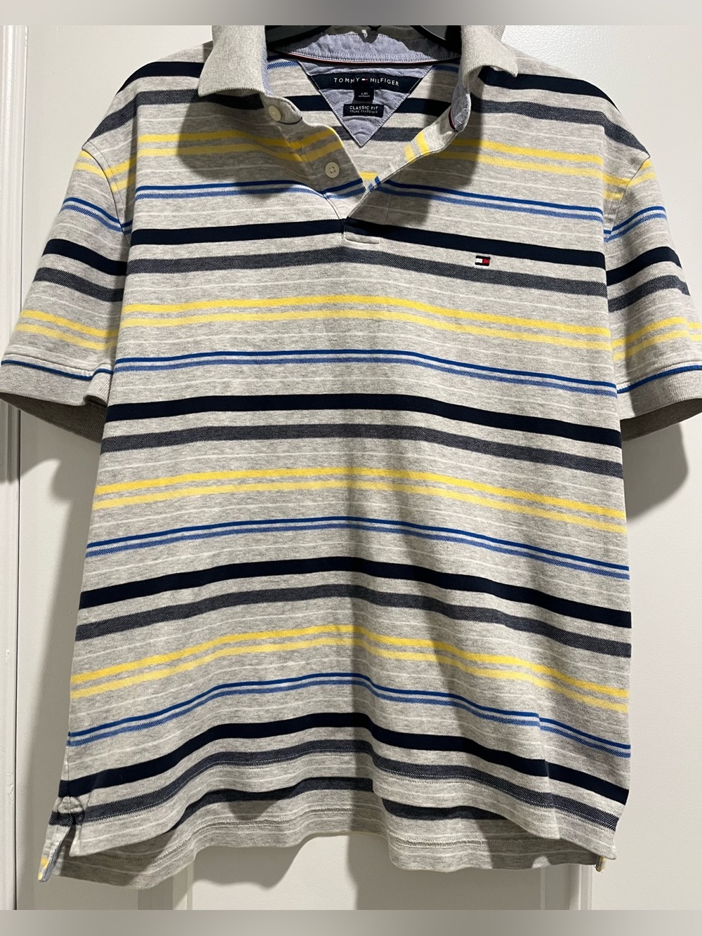 Tommy Hilfiger Gray Polo with Yellow and Blue Stripes